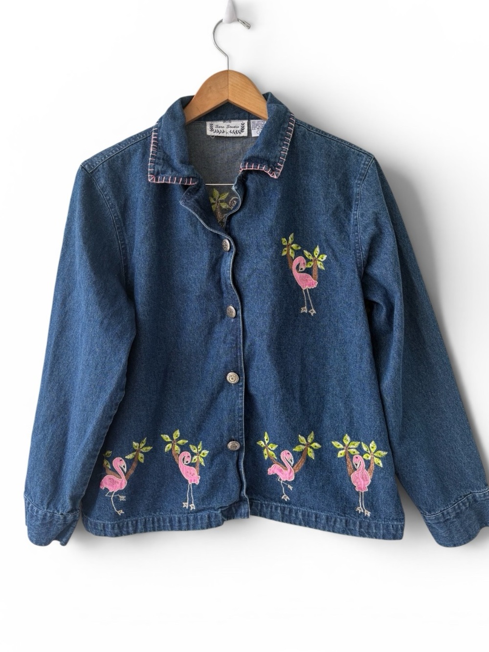 Sara Studio Flamingo Embroidered Denim Jacket Beaded Tropical Shirt Jacket Large
